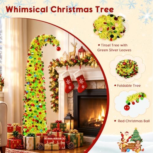 5ft Whimsical Pop Up Christmas Tree with 100 Lights, Lime Green Curved Top Collapsible Tinsel Christmas Tree with Ball Ornaments for Fireplace Porch Corner Apartment Home Indoor Holiday Party Decor - Image 2