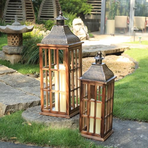 Large Farmhouse Wooden Metal Lantern Set of 3, 27''/22''/15'' H Rustic Decorative Indoor & Outdoor Hanging Candle Lanterns, Wooden Outdoor Lanterns for Patio Front Porch Table, Brown - Image 6