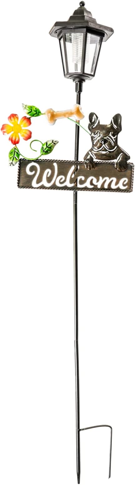 Crosslight Solar LED French Bulldog Welcome Sign - Weatherproof Garden Stake Light for Outdoor Decoration - Decor for Yard, Lawn, Patio, Pathway, Backyard | Warm White
