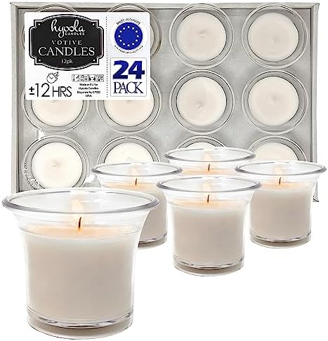 Hyoola Votive Candles - White Votives in Clear Cup - 12 Hour Burn Time Unscented Votive Candles Bulk - Pack of 24 Small Candles in Bulk - Made in Europe by Hyoola