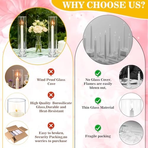12 Set Hurricane Glass Candlestick Holders 12.6" Two Side Open Glass Candle Holders and 2.2" Taper Candlesticks Holder Bulk for Table Centerpiece Wedding Christmas Home Decor - Image 3