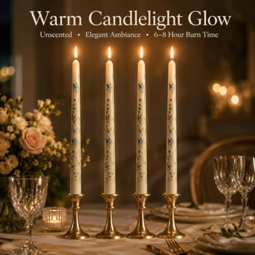 White Floral Taper Candles 10 Inch Set of 4 for Wedding Fall Table Decor - Image 5