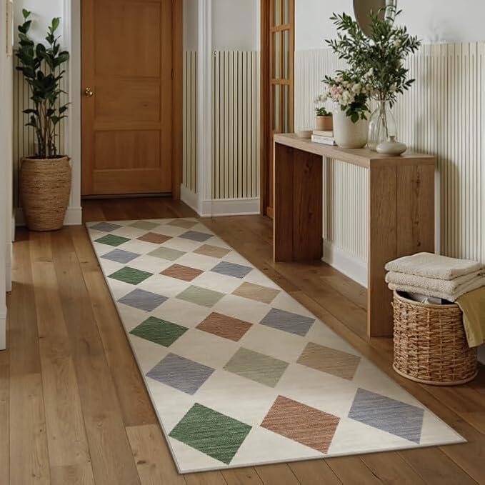 2'6x8 Washable Runner Rug Kitchen Large Non Slip Checkered Rugs | Soft, Low Pile, Easy Clean, Diamond Pattern for Hallway, Entryway, Laundry Room, Bathroom, Modern Neutral Decor