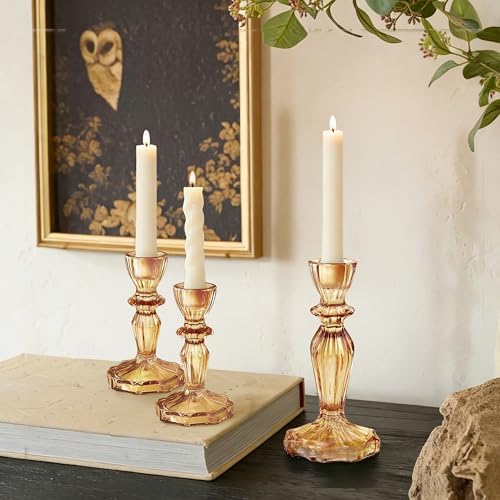 Glass Candlestick Holders Set of 3, Amber Stripe Taper Candle Holders for Table Centerpiece, Home Decorations, Wedding and Party - Image 2