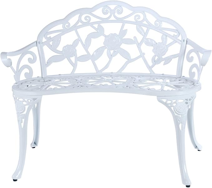 YKSY&YKSY Patio Garden Bench Metal Park Bench Cast Aluminum Outdoor Furniture with Floral Rose for Patio,Park,Lawn,Yard (White)