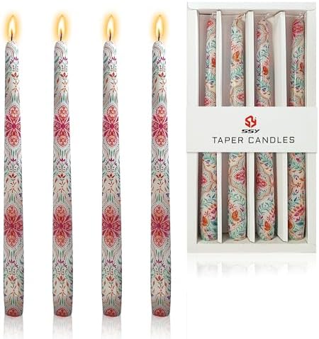 Candlesticks 10 in Vintage Floral Taper Candles Hand Printing Flowers Candlesticks Tall Printed Tapered Candle Sticks for Home Garden Decor Simple Modern, 4 Pack by XINAOBAOLUO