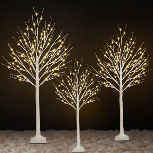 Set of 3 (4ft, 5ft, 6ft), Christmas Lighted Birch Tree with 2Lighting Modes by SANJICHA