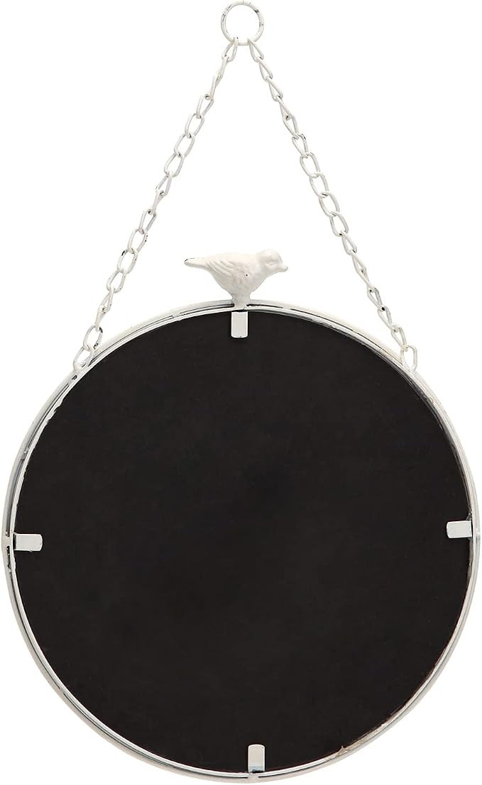 NIKKY HOME 11 Inch Decorative Small Hanging Mirrors Vintage Rustic Round Metal Framed Wall Mounted Mirror Decor with Bird for Bathroom Living Room Office, Rustic White