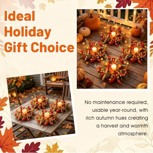6 PCS Fall Candle Ring Wreaths Artificial Autumn Candle Holder Wreath - Image 6
