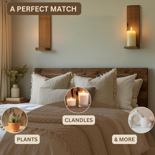 Wall Candle Sconces Set of 2, Rustic Wood Farmhouse Wall Decor, Vintage Brown Candle Holders for Living Room, Bedroom & Hallway - Image 5