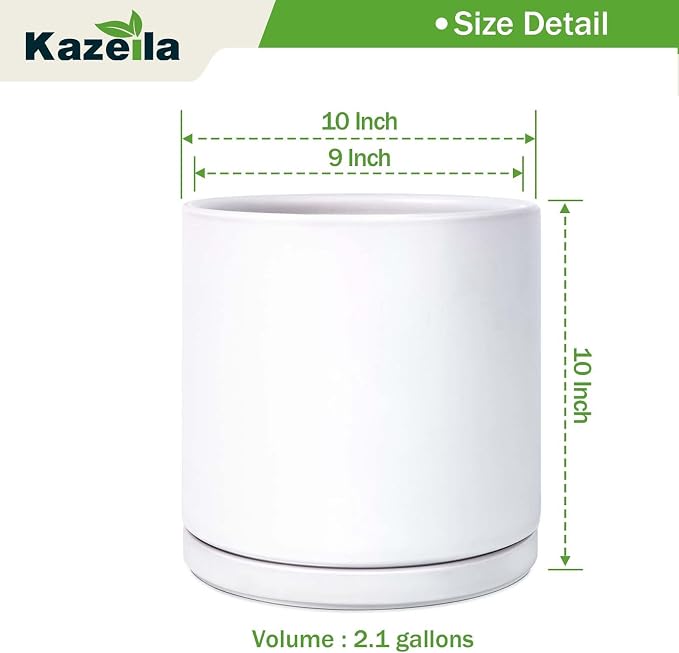 Kazeila 10 Inch Ceramic Planter Pot with Drainage Hole & Tray, Large Indoor Plant Pots, Modern Cylinder Flower Pot, Includes Mesh Net, Plug, Pads & 500g Clay Pebbles (White, 10 Inch)