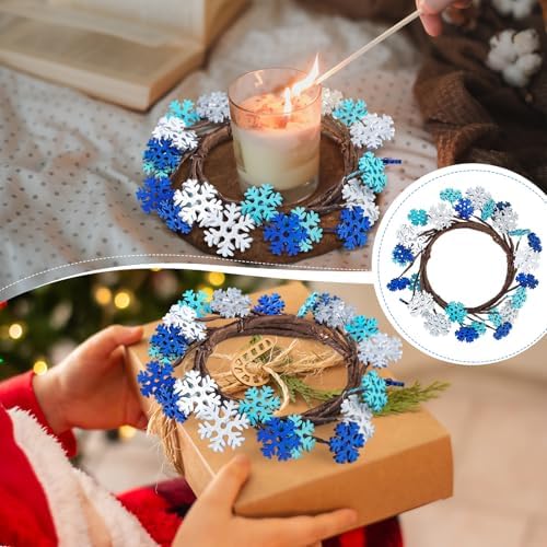Daifunli 2 Pcs Winter Blue Snowflake Candle Rings Snowflake Wreath Glitter Vintage Wood Wreaths for Pillar 3.9 Inch Candles Holder for Winter Christmas Rustic Table Centerpiece Decor - Image 5