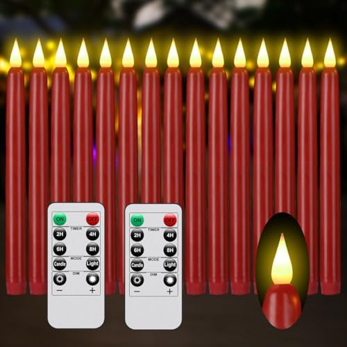 Flameless Taper Candles with Remote Control and Timer, Battery Operated LED Candlesticks with Flickering 3D Flame, 9.6×0.8 Inches Plastic Tall Candles for Christmas, Wedding and Home Decor (Red, 15) by PILLOBOX