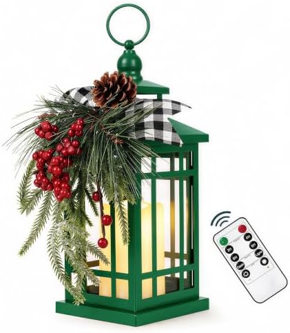 WOKEISE Metal Christmas Vintage Candle Lanterns, Plaid Ribbon Decorative Hanging Lantern for Indoor Outdoor Xmas Porch Decorations Party Gift, Green by WOKEISE