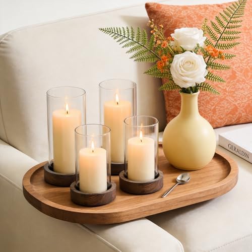 Ronasip Set of 4 Hurricane Candle Holders with Wood Base & Glass Cylinder (4.2x5.9” & 4.6x7.8”) – Rustic Wooden Candle Holders for Home Decor, Weddings, Table Centerpieces - Image 3