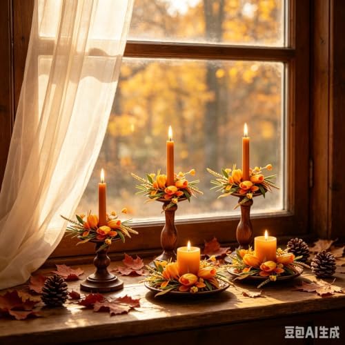 6 Pcs 1.38" Mini Fall Taper Candle Rings Wreaths Small Artificial with Orange Tulips Yellow Flowers Wheat Grass Green Leaves Orange Decorative Leaves Taper Candle Holder Wreath for Candlesticks Decor - Image 4