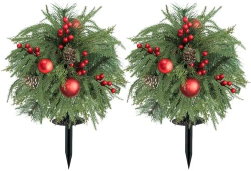Artificial Christmas Topiary Ball Trees 23", Set of 2 Faux Evergreen Shrubs with Ground Spikes, UV Resistant Artificial Outdoor Plants with Red Berries & Pinecones for Front Porch Garden Decor by Unknown