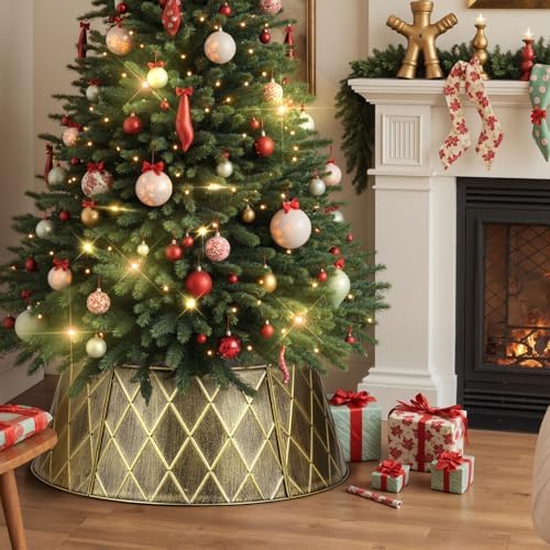 Lanpn Metal Christmas Tree Collar 36 inch, Christmas Tree Ring Collar for Large L Xmas Stand Cover Real Artificial Trees Indoor Outdoor Decoration (Gold, Diamond) - Image 2
