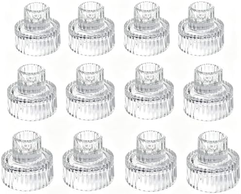 Hosley Set of 12 Glass Taper Candle Holders - Clear Glass Candlestick Holders 2 Inch High for Wedding Centerpieces, Party, Dinner Table, Reiki Meditation, Home Decor by HOSLEY