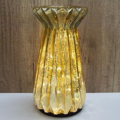 Home Decor, Mercury Glass Pillar Candle Pedestal Holders with 10 Led Lights, Lighted up Candle Holder for Pillar Candle, Candlestick Holders with Timer for Wedding Home Dining Table Xmas (Gold) by CFDECORCandlesandHolders