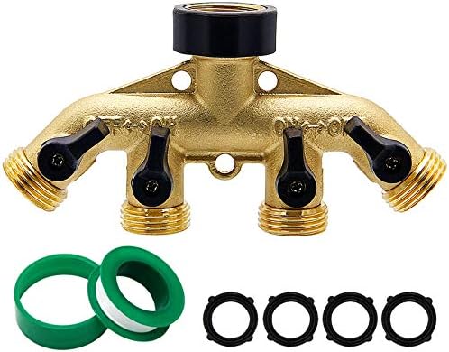 Biswing 4 Way Brass Hose Splitter, 3/4" Brass Hose Faucet Manifold, Garden Hose Adapter Connector, Hose Spigot Adapter with 4 Valves by Biswing
