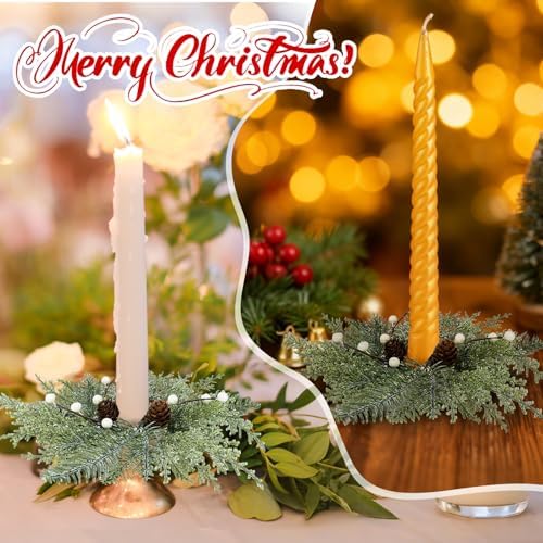 4 PCS Christmas Pine Taper Candle Rings Wreaths 1.38" Mini Norfolk Cedar Taper Candle Holder Wreaths Candle Rings with Berry Pinecones for Xmas Winter Church Home Table Centerpiece Candlesticks Decor - Image 7
