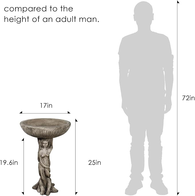 SKYFIRE 25” Tall Outdoor Concrete Bird Bath -Tree Nymph Goddess Pedestal Birdbath Bowl with Wood Grain Texture for Patio, Lawn, Yard, Outdoor Decor - 17”Dia. Garden Decor Statue Birdbaths for Birds