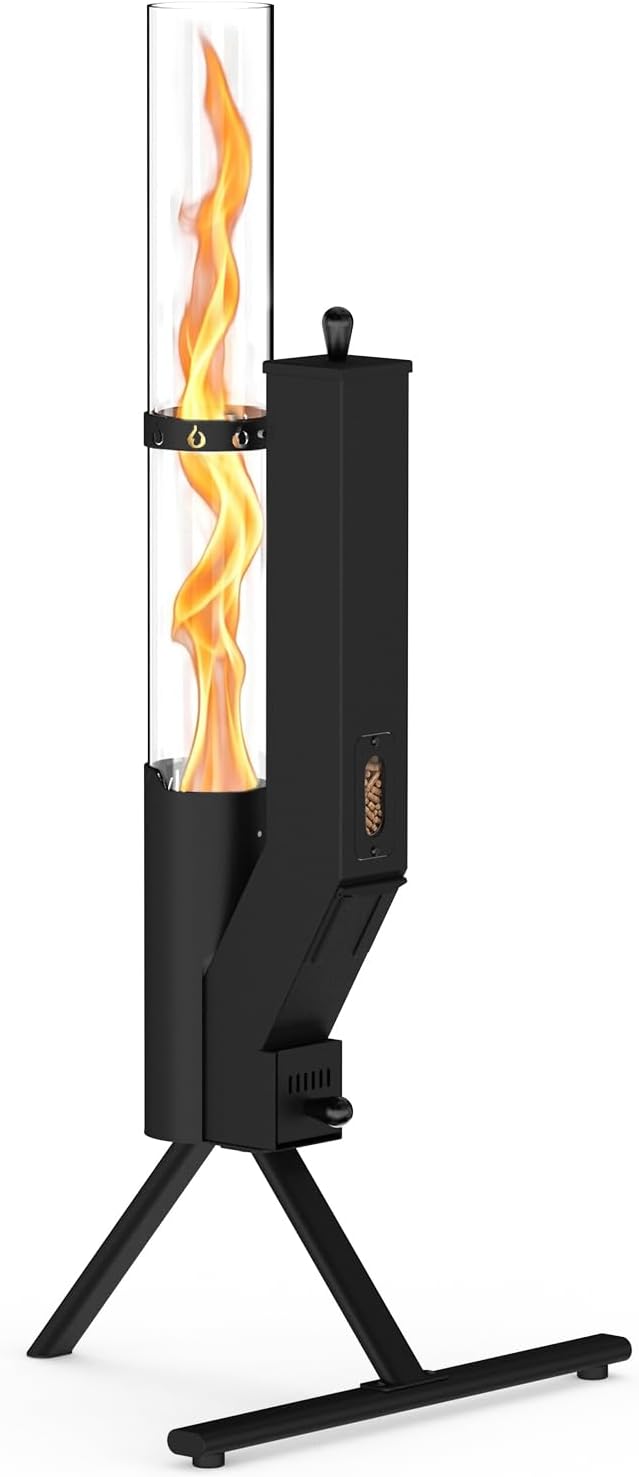 43" Wood Pellet Patio Heater with Glass Tube, Modern Fire Pit, Portable Pellet Heater for Camping Patio Backyard RV Tailgating, Add Warmth & Ambiance, FP056