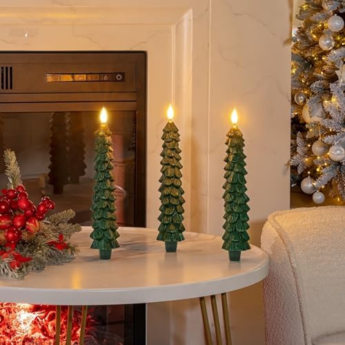 Homemory 3 Pcs Christmas Tree Candles with Remote, Waxy Flameless Taper Candles Flickering, Green LED Candlesticks Battery Operated for New Year Celebration Holiday Decorations 9.7 Inches - Image 6
