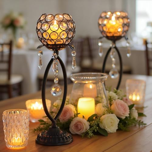6 Pcs Black Elegant Metal Crystal Tea Light Candle Holders with Crystal Pendants, Hollow Design - Wedding Table Centerpieces for Anniversary Birthday Party, Home Decor - Image 4
