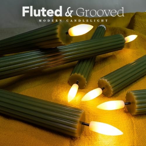12 Pack, 10" LED Flameless Real Wax Sage Olive Loden Green Fluted Ribbed Grooved Taper Candles, Remote & 24h Timer Memory, On/Off Button, Dimmable, Flicker Mode, Battery Operated, Wedding - Image 3