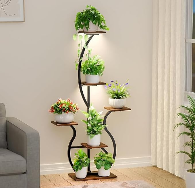 Plant Stand Indoor with Grow Light: 55" Tall Corner Shelf for Multiple Plants, Lighted Plant Stands for Indoor Growing, 6 Tiered S-Shaped Flower Display Stand for Living Room, Patio, Balcony (Black)