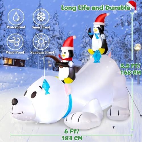6 FT Christmas Inflatable Outdoor Decoration Polar Bear with Penguins, Xmas Blow Up Yard Decoration with Built-in LED Lights, Suitable for Christmas Party Outdoor, Yard, Garden, Lawn Holiday Decor - Image 3