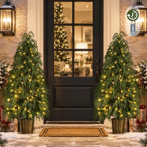 BLOSMON 5 ft Front Porch Christmas Tree, Set of 2, Prelit Norfolk Pine Tree by Blosmon