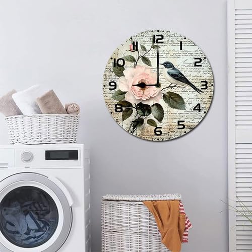 Love Birds Roses Flowers Wooden Silent Non-Ticking 10 Inch Round Clocks Battery Operated Analog for Living Room Kitchen Bedroom Bathroom Office Home School Decor