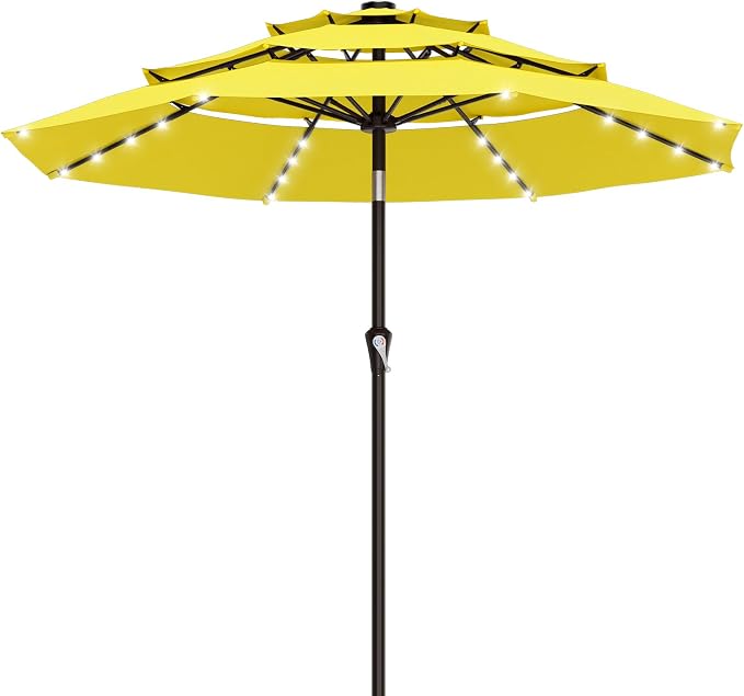 AreShark 9ft 3 Tiers Patio Umbrella with Solar Lights, Outdoor Umbrella w/ 32 LED Lights&8 Sturdy Ribs, Table Umbrella for Deck, Backyard, Pool (Yellow)
