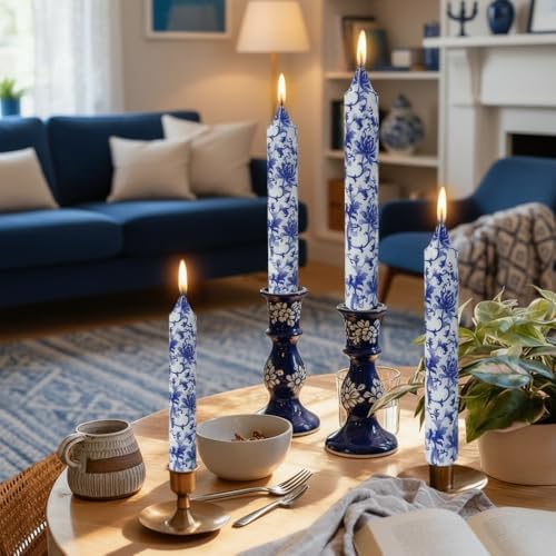 Long Blue and White Taper Candles 9 Inch Handmade Porcelain Style Wide Taper Candles Smokeless Unscented Clean Burning for Housewarming Gift New Home Entryway Cozy Hygge Bohemian Style Tall Decor by XINAOBAOLUO