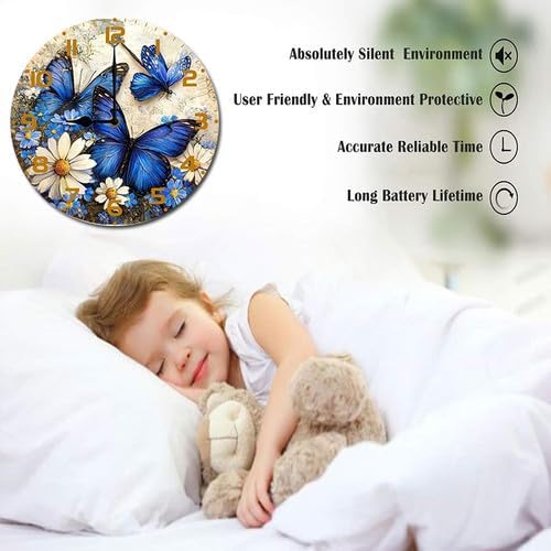 Butterflies Wildflower Wooden Silent Non-Ticking 10 Inch Round Clocks Battery Operated Analog for Living Room Kitchen Bedroom Bathroom Office Home School Decor