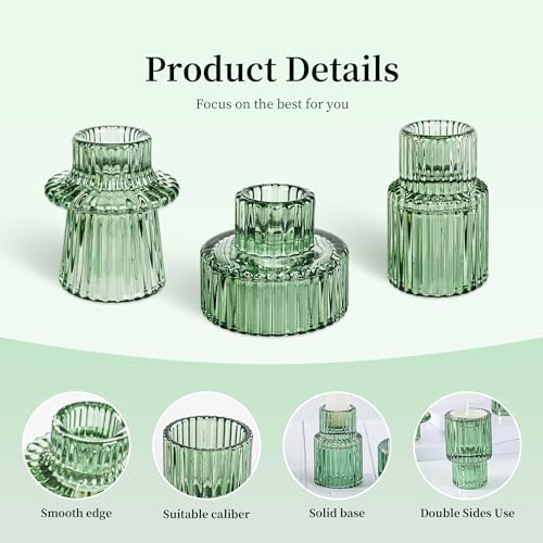 Taper Votive Candle Holder for Pillar Candles Tealight, Candlestick Holder for Wedding Christmas Tea Party, Boho Ribbed Vintage Crystal Glass Table Centerpiece Decor, Bulk Set of 6 (Green) - Image 7