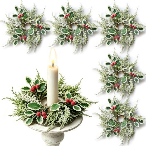 6 Pcs 1.38" Mini Christmas Taper Candle Rings Wreaths Small Artificial with Variegated Holly Leaves Red Berries White Cedar Sprigs Frosted Baby Breath Taper Candle Holder Wreath for Table Candlesticks by Unknown
