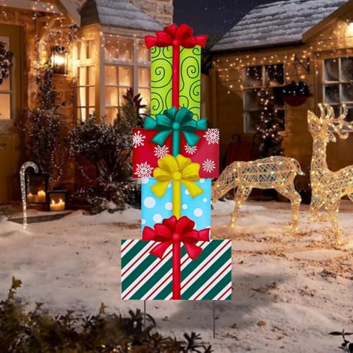 Afirst Christmas Yard Sign Stakes 4PCS Stacked Box Outdoor Decor by Afirst