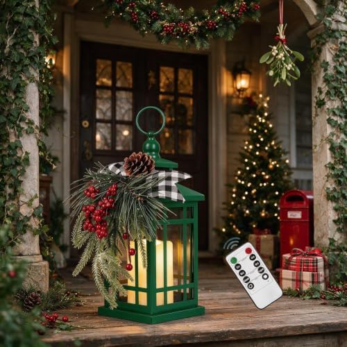WOKEISE Metal Christmas Vintage Candle Lanterns, Plaid Ribbon Decorative Hanging Lantern for Indoor Outdoor Xmas Porch Decorations Party Gift, Green - Image 6