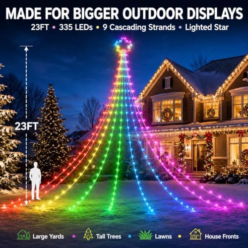 23FT Smart Outdoor Christmas Decorations, 335 LED RGB Star Waterfall Lights - Image 2