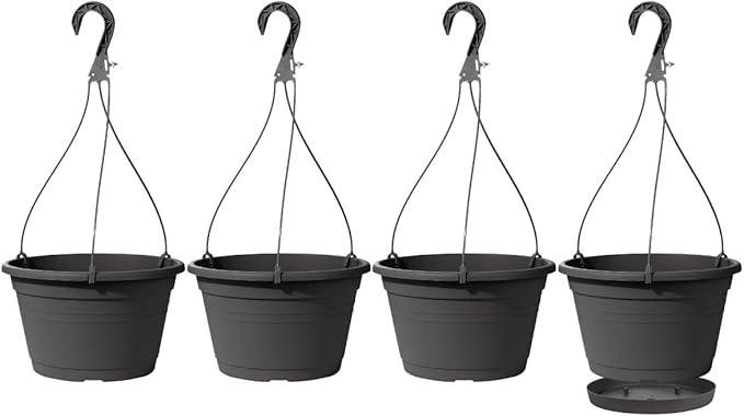 4 Pcs Hanging Planters,10" Hanging Pots Plastic Hanging Flower Plant Basket with Drainage Trays & Chain Holder for Outdoor Indoor Plants Garden Balcony Decoration, Dark Gray