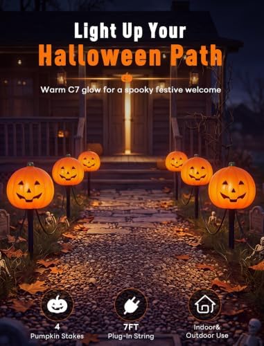 C7 Halloween Pumpkin Pathway Stake Lights, 7 Ft Halloween Pathway String Lights with 4 C7 Bulbs, Stake, Halloweens Decorations Driveway Markers Lights for Outdoor Holiday Garden Walkway Party Lighting - Image 3
