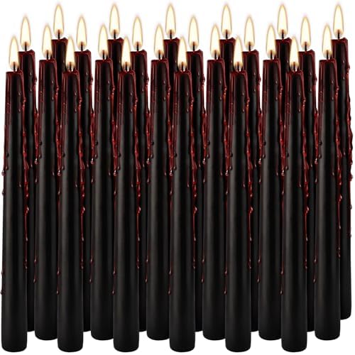 24 Pack Vampire Tears Taper Candles, 10 inch Tall Bleeding Candles, Unscented Black Tapered Candlesticks, Spooky Blood Drip Candle Set for Halloween Party Gothic Home Decorations - Image 5