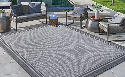 Gertmenian Indoor Outdoor Classic Flatweave Area Rug, Stain & UV Resistant Carpet, Deck, Patio, Poolside & Mudroom, 8x10 Ft Large, Simple Border, Silver Gray, 21908P2