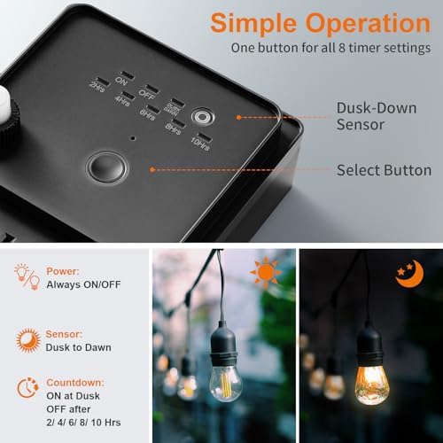 Outdoor Power Stake Waterproof Light Timer Dusk to Dawn 6 Outlets - Image 2
