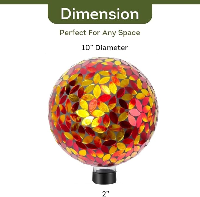 Lily's Home Colorful Mosaic Glass Gazing Ball, Designed with a Stunning Holographic Petal Mosaic Pattern to Bring Color and Reflection to Any Home and Garden, Red and Gold (10" Diameter)