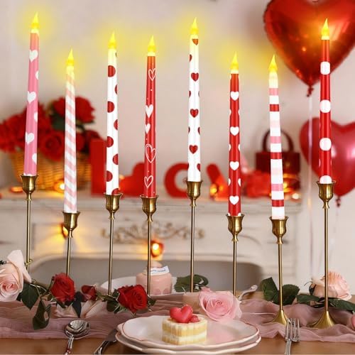 Lounsweer 8 Pcs Valentines Day Flameless Taper Candles 10 Inch LED Valentines Day Flameless Candle Pink Red and White Heart Battery Operated Long Unscented Candlesticks for Anniversary Party Table - Image 3